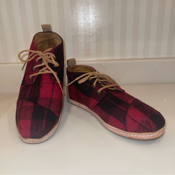 Toms Red And Black Buffalo Plaid Bota Desert Boot Leather Ankle Chukka Boots - Picture 10 of 16